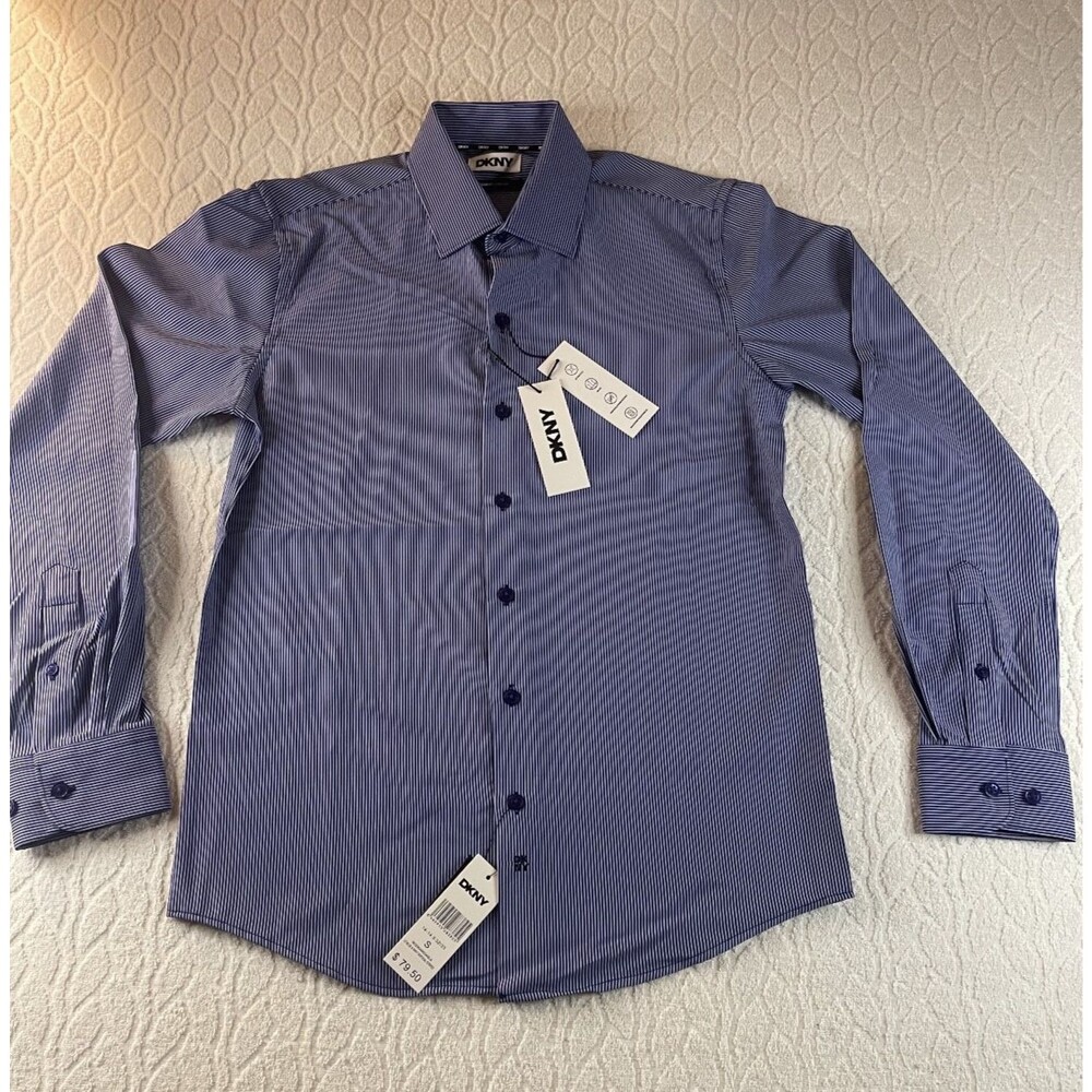 DKNY Sz S LT BLUE & NAVY LONG SLEEVE SHIRT SLIM FIT-STRETCH